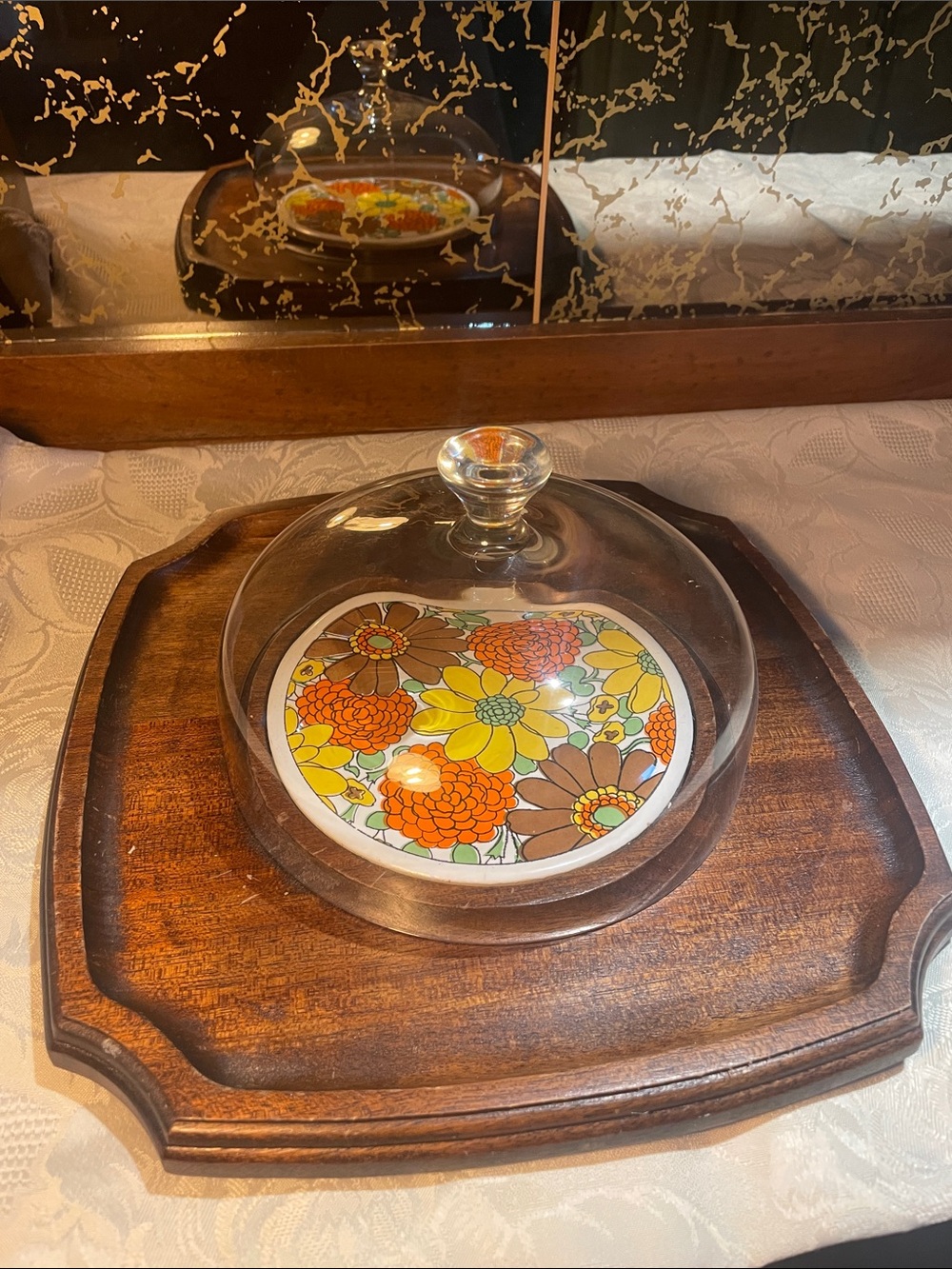 Vintage Floral Ceramic Cheese Plate with Glass Dome